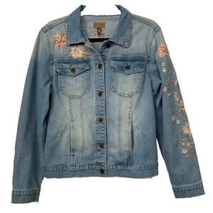 DRIFTWOOD US Women’s M Geena Flower Embroidered Denim Trucker Style Jacket A24